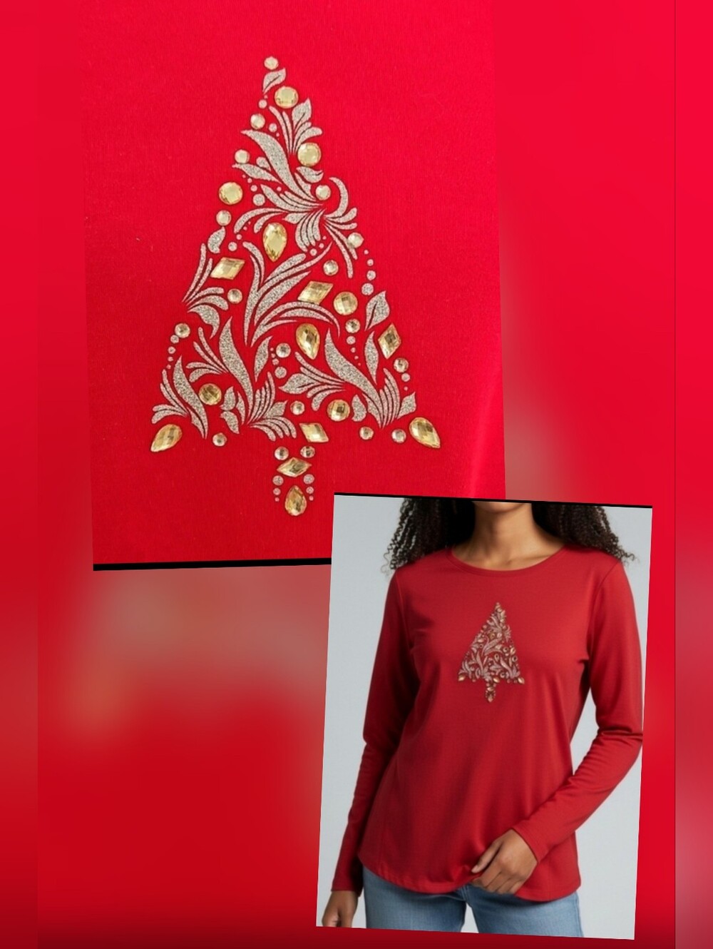 Croft & Barrow Red Long Sleeve Tee with Gold Tree Design